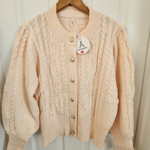 Anrabess Cream Cable Knit Cardigan with Balloon Sleeves